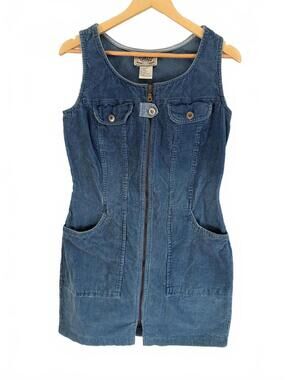 Vintage Tickets Blue Corduroy Denim Dress Women's Size 6 Zip Front Pockets